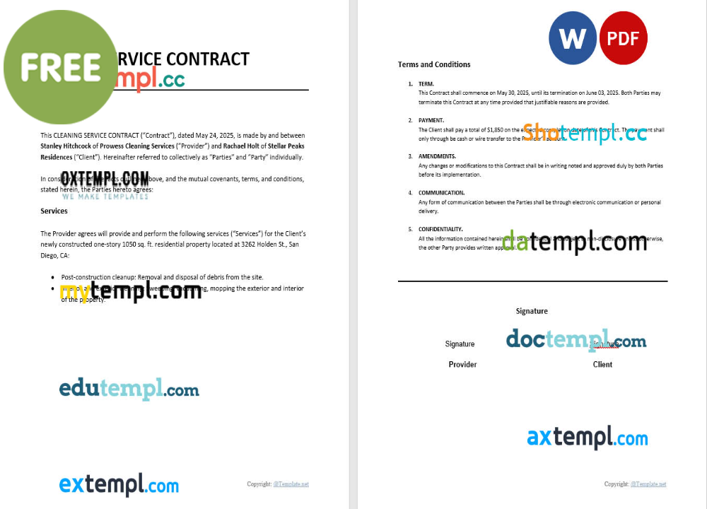 cleaning services contract agreement invoice template, Word and PDF format