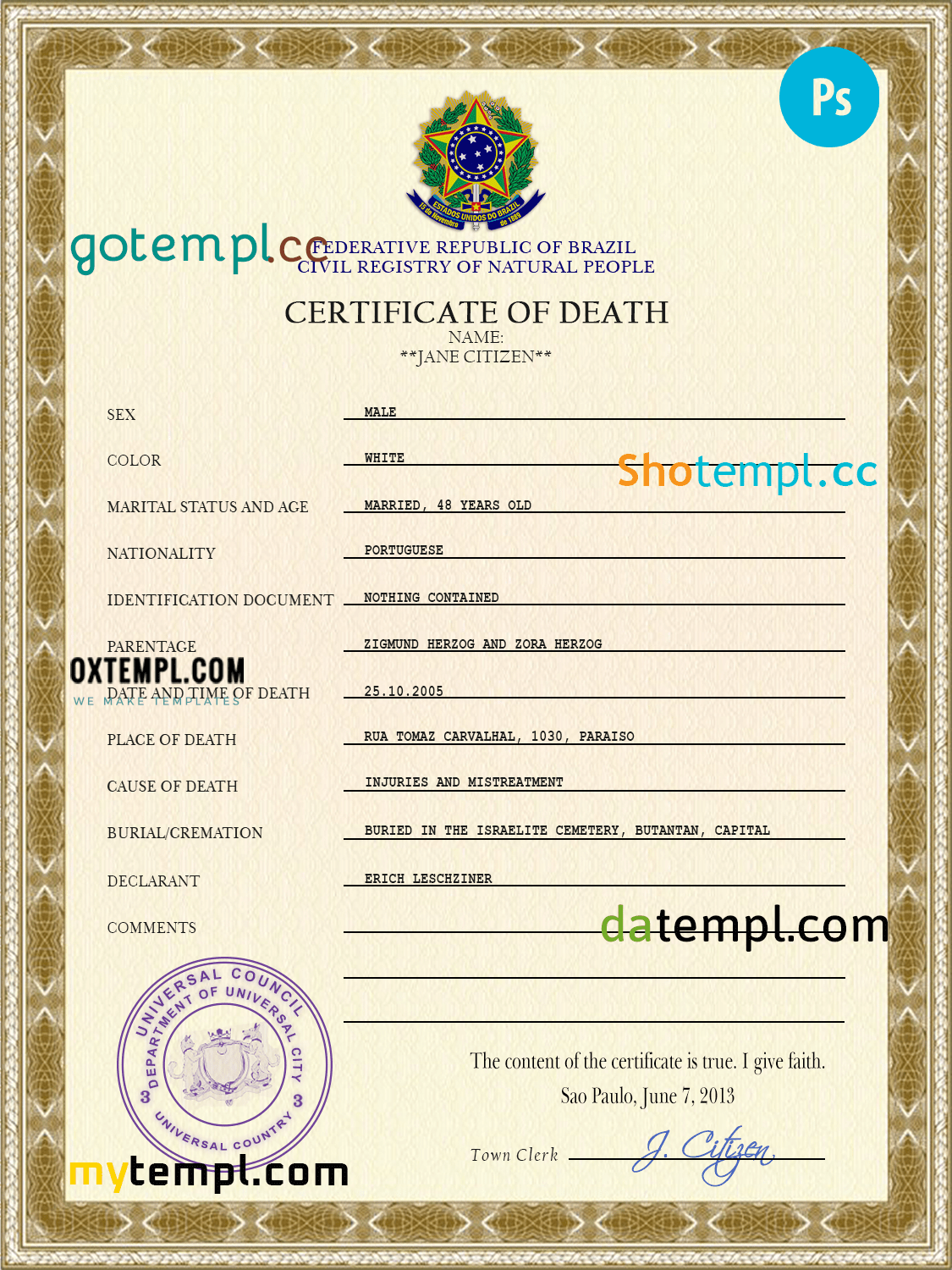 # coat super vital record death certificate universal PSD template