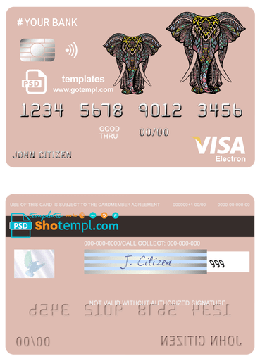 # colored elephant universal multipurpose bank visa electron credit card template in PSD format, fully editable