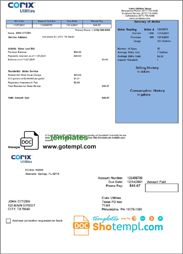 USA Corix Utilities bill template in Word and PDF format