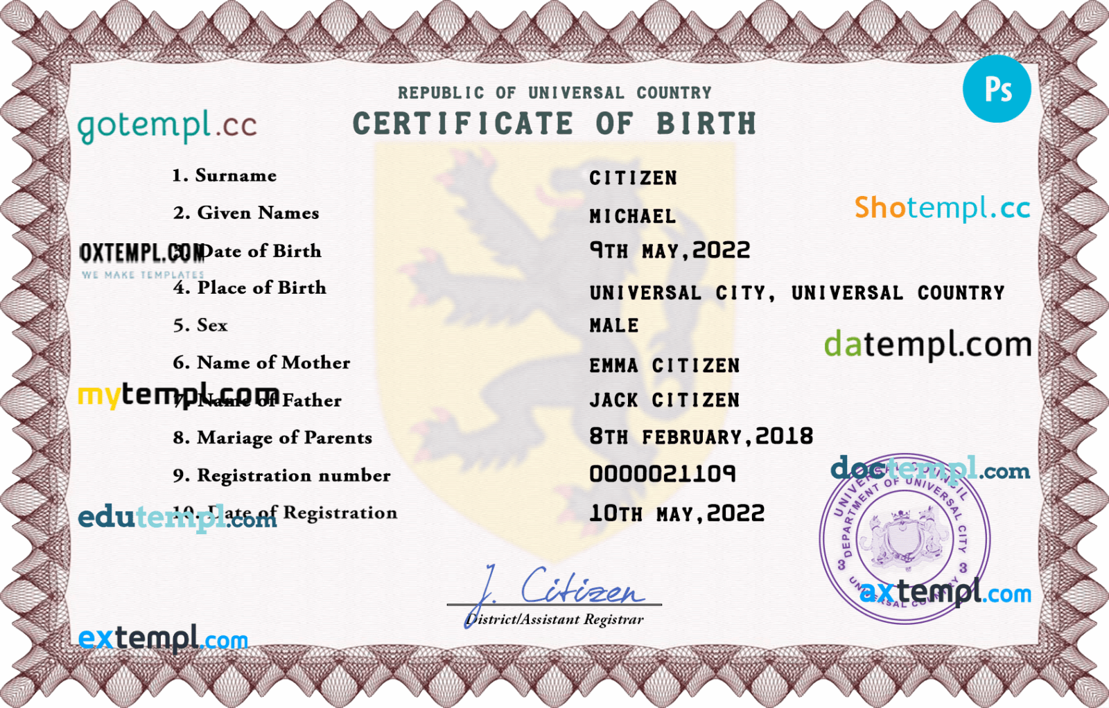 # discover universal birth certificate PSD template, fully editable