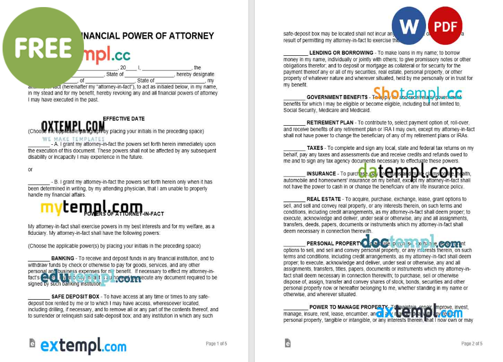 durable financial power of attorney form template, Word and PDF format