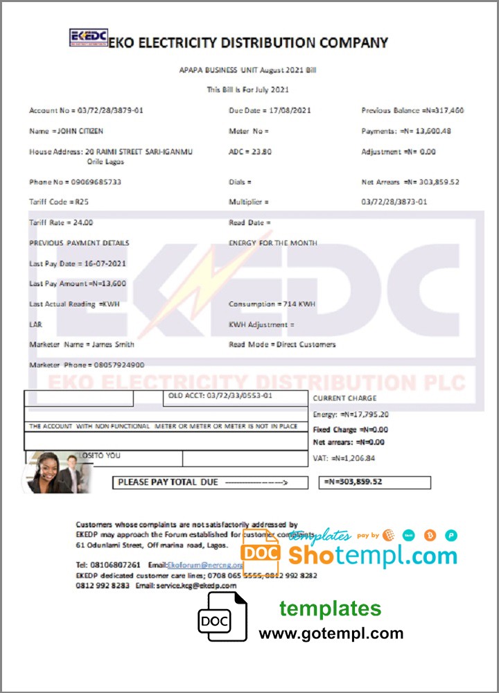 Nigeria Eko Electricity Distribution Company (EKEDC) utility bill template in Word and PDF format