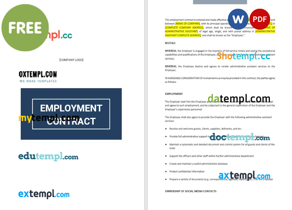 employee contract template, Word and PDF format
