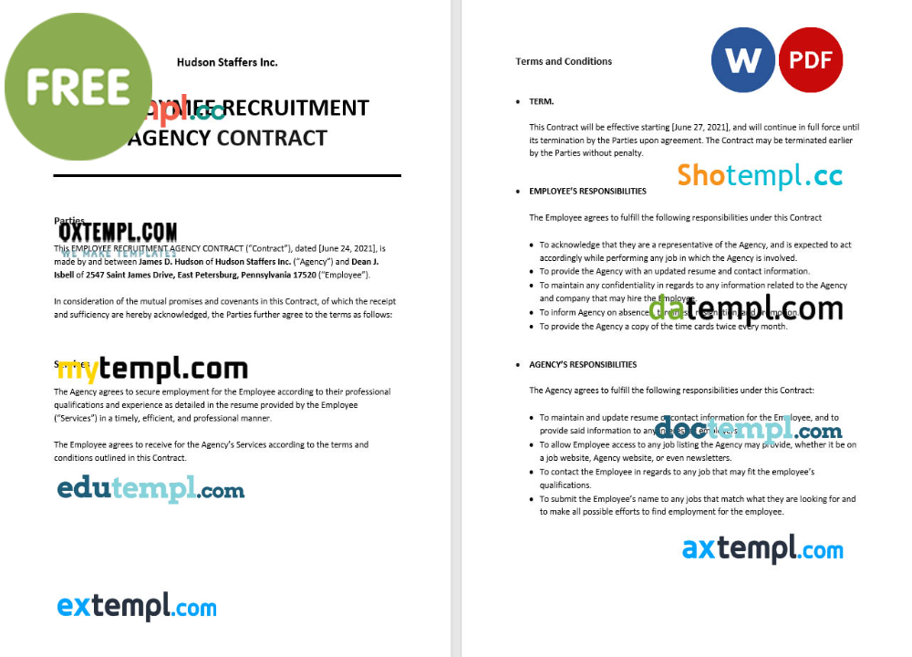 employee recruitment agency contract template, Word and PDF format