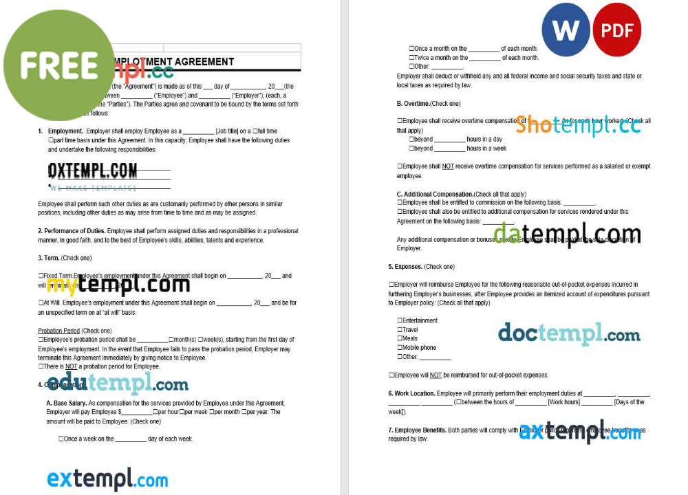 employment contract template, Word and PDF format