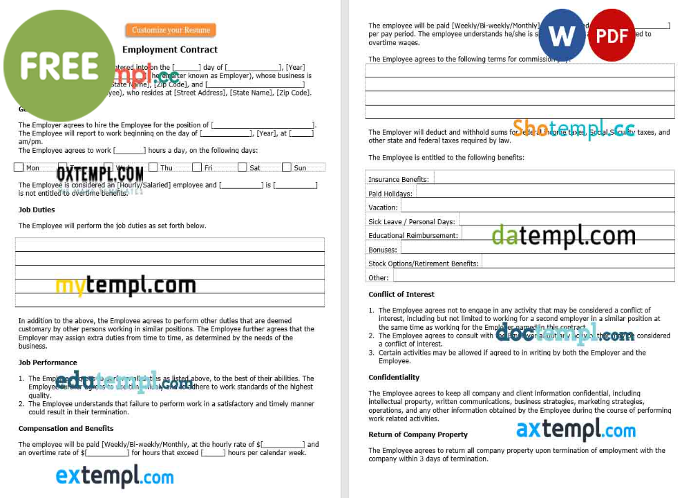 employment contract template, Word and PDF format