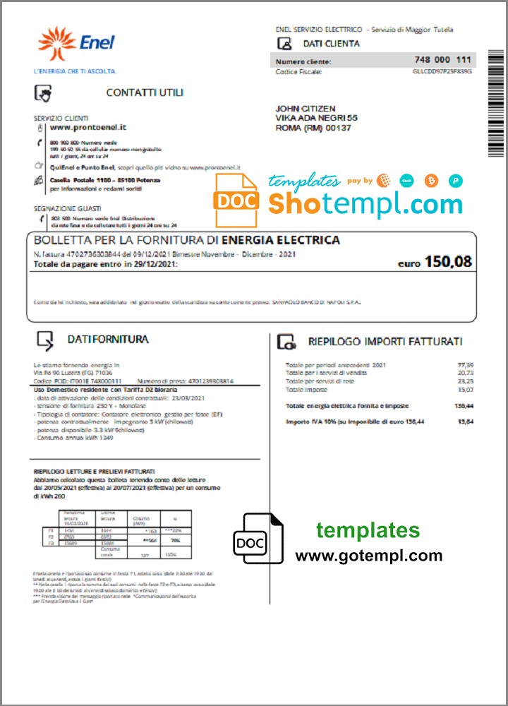 Italy Enel electricity utility bill template in Word and PDF format