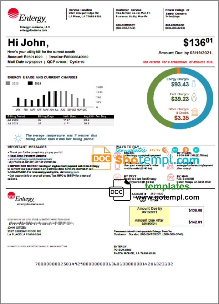 USA Louisiana Entergy utility bill template in Word and PDF format, version 2