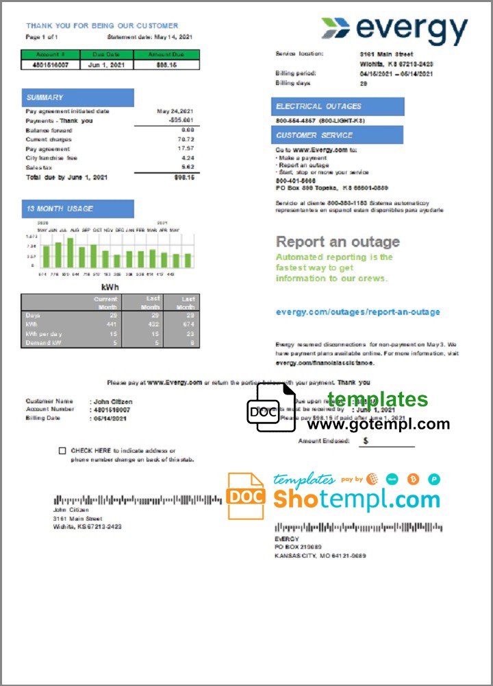 USA Missouri Evergy electricity utility bill template in .doc and .pdf format