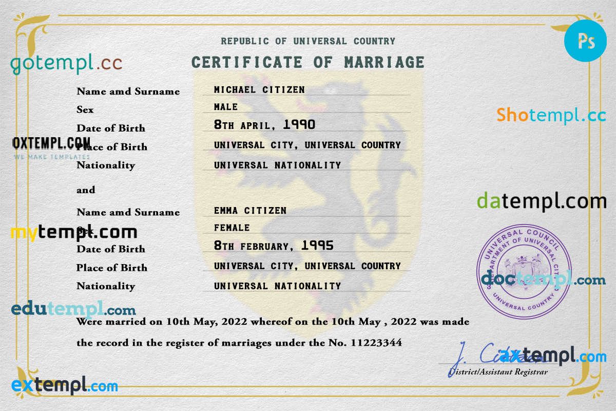 # fine universal marriage certificate PSD template, fully editable