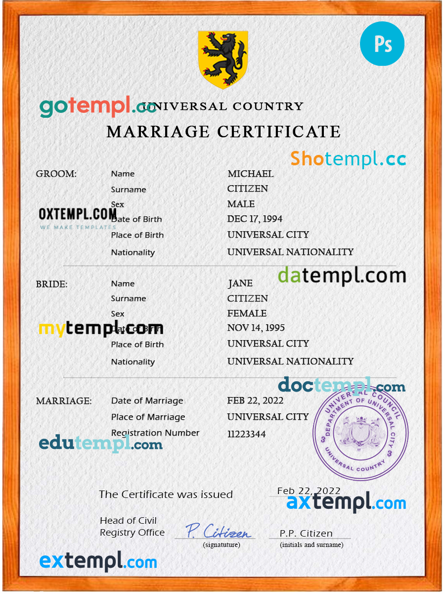 # foregorund universal marriage certificate PSD template, completely editable