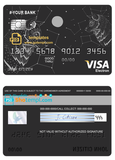 # galaxy wolf universal multipurpose bank visa electron credit card template in PSD format, fully editable