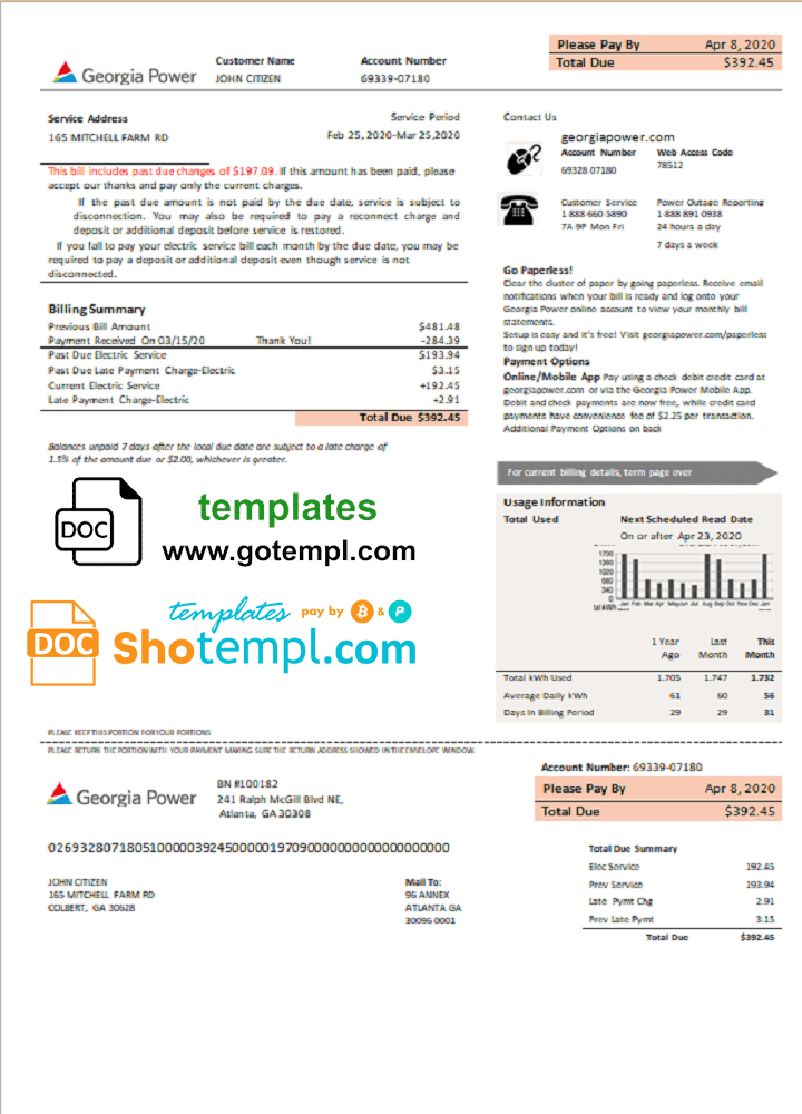 USA Georgia Power utility new brand bill template in Word and PDF format, fully editable