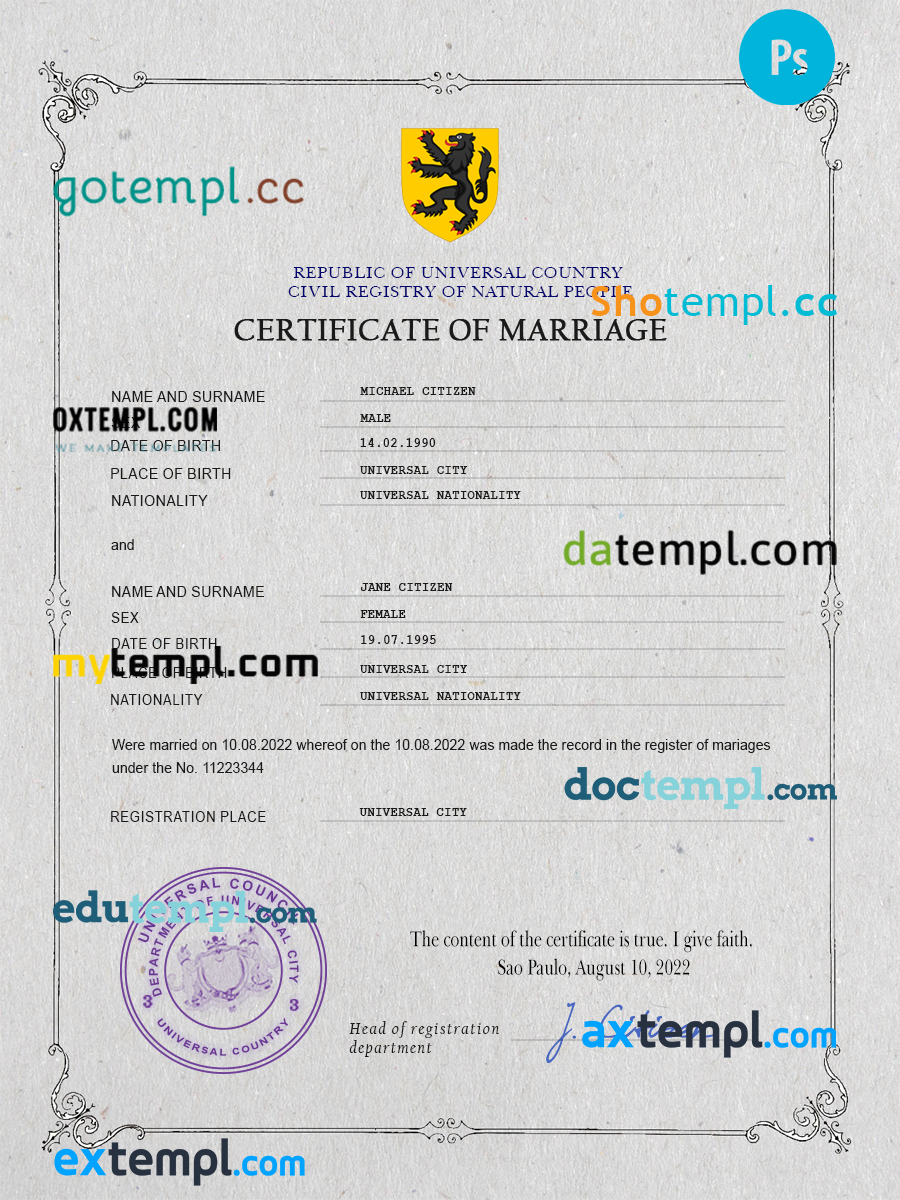 # gloss universal marriage certificate PSD template, completely editable