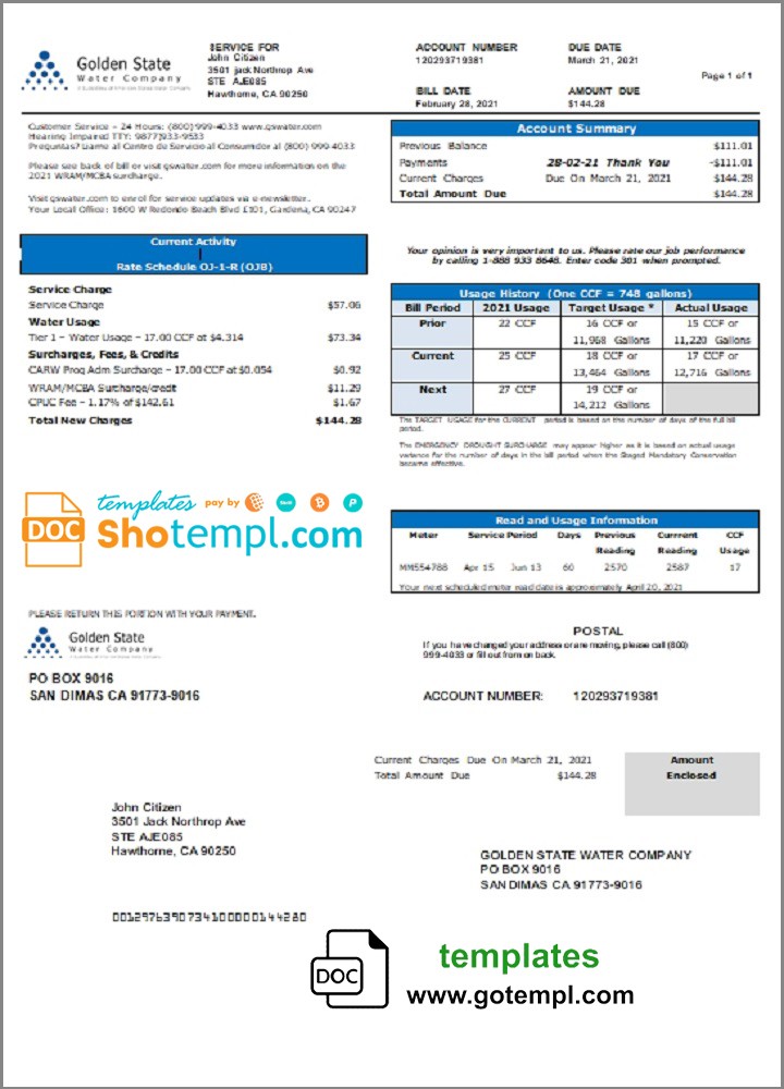 USA California Golden State Water Company utility bill template in .doc and .pdf format