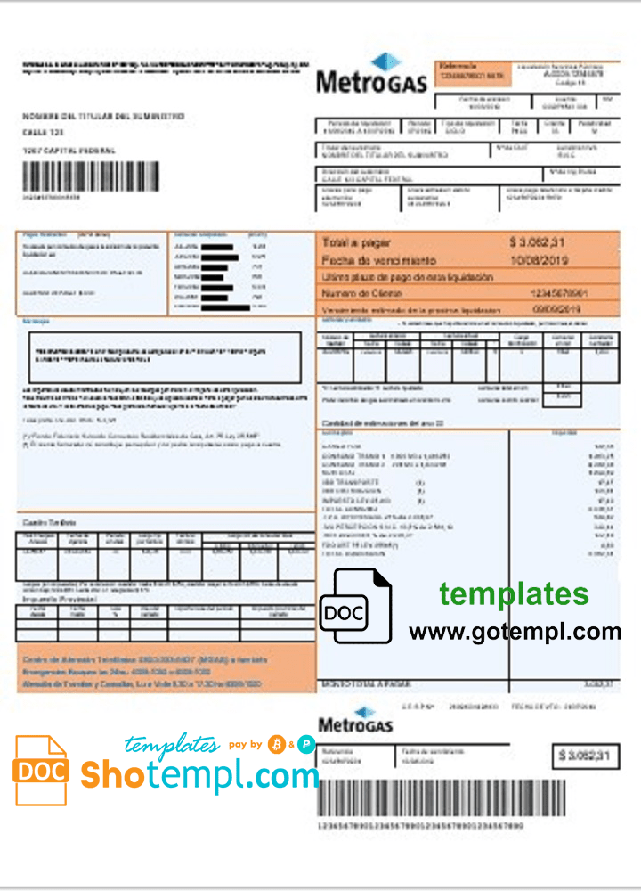 Argentina Metrogas easy to fill utility bill template in Word and PDF format