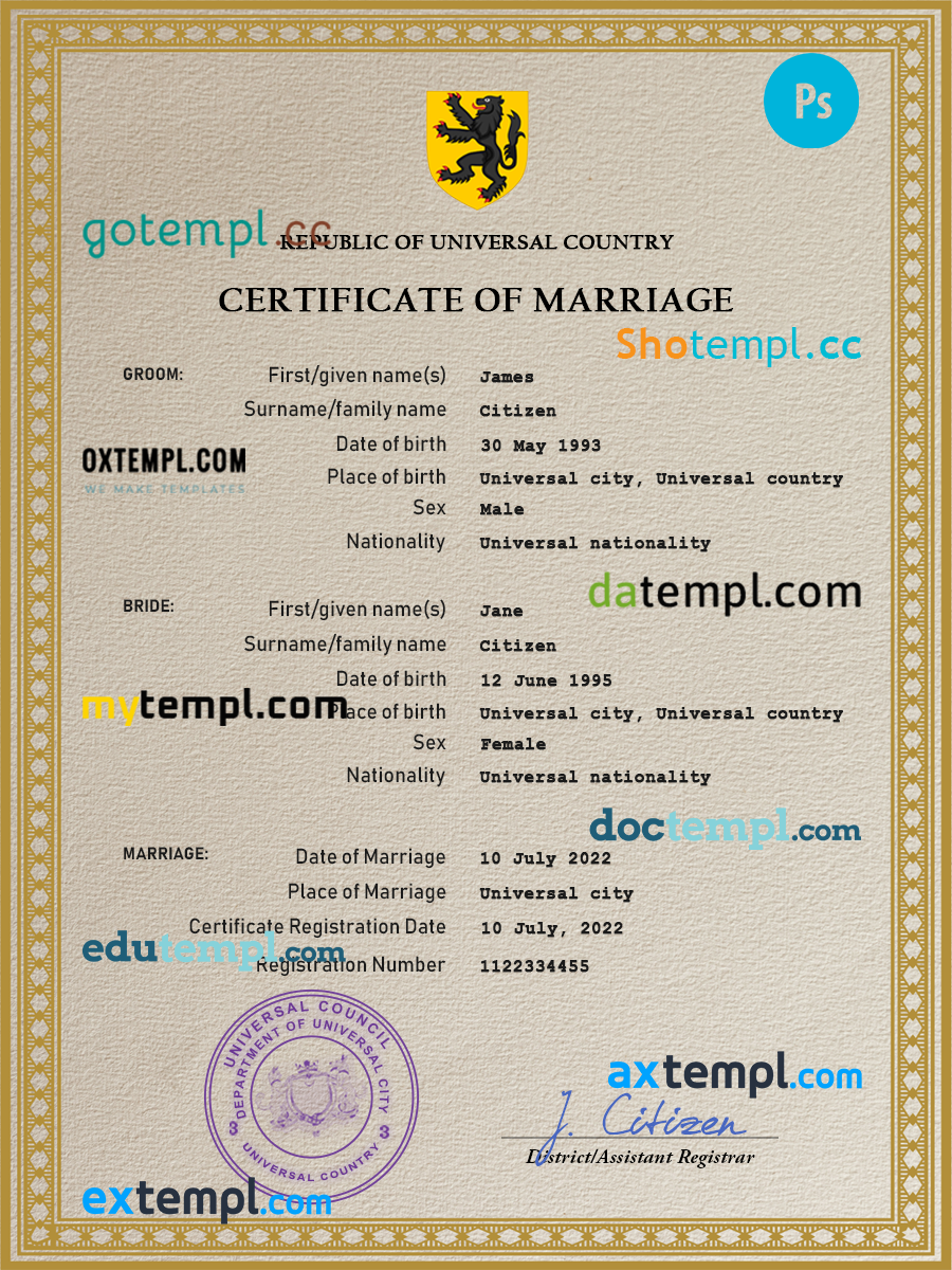 # instict universal marriage certificate PSD template, fully editable