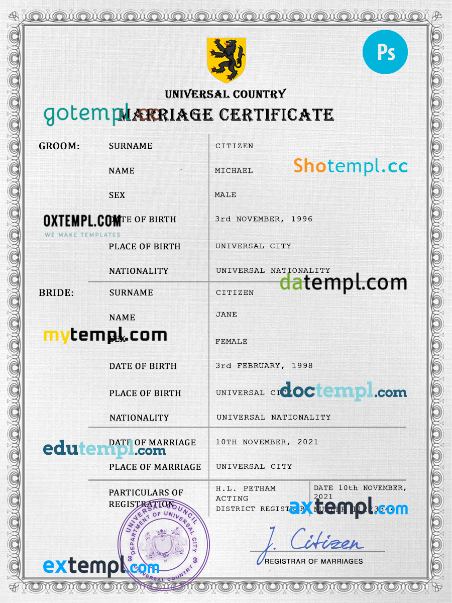 # joy universal marriage certificate PSD template, completely editable