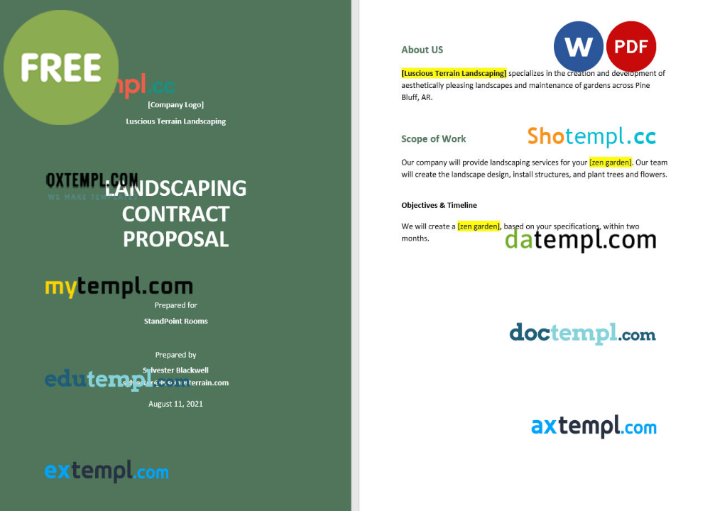 landscape contract proposal template, Word and PDF format
