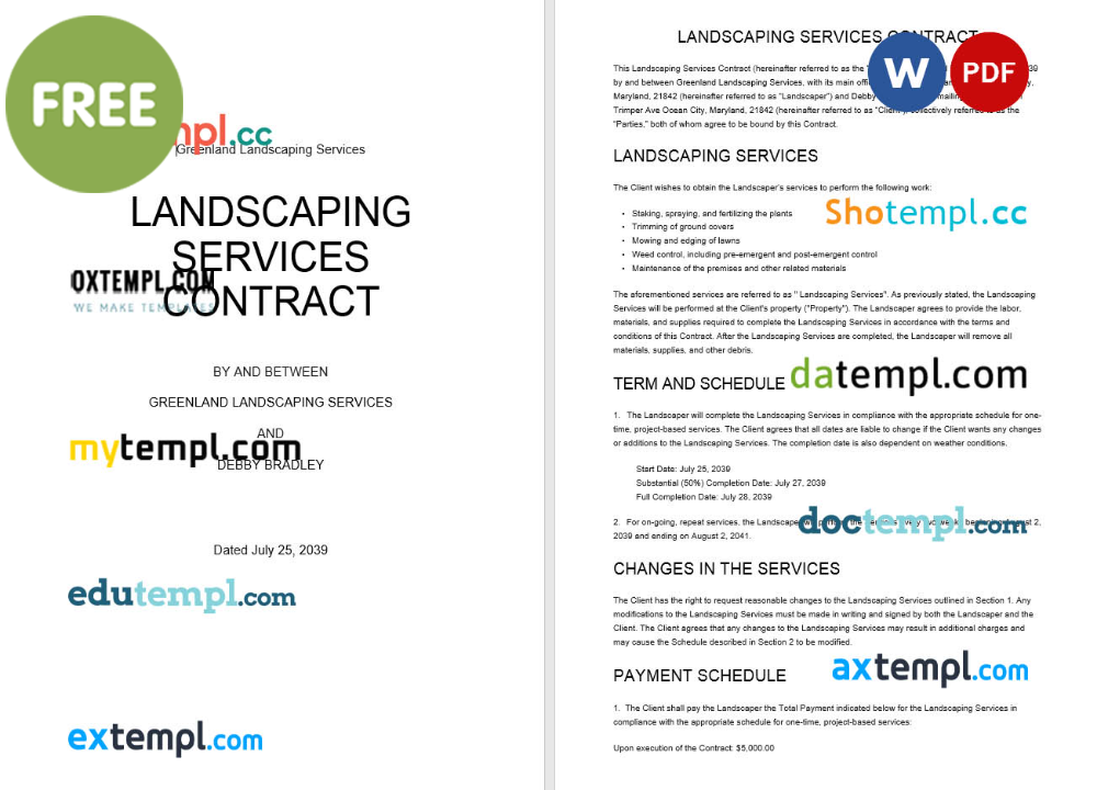 landscaping services contract template, Word and PDF format