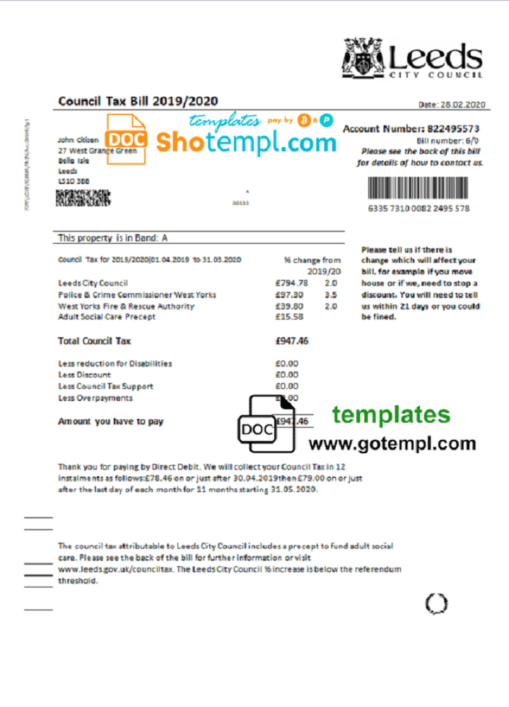 United Kingdom Leeds City Council tax bill template in Word and PDF format