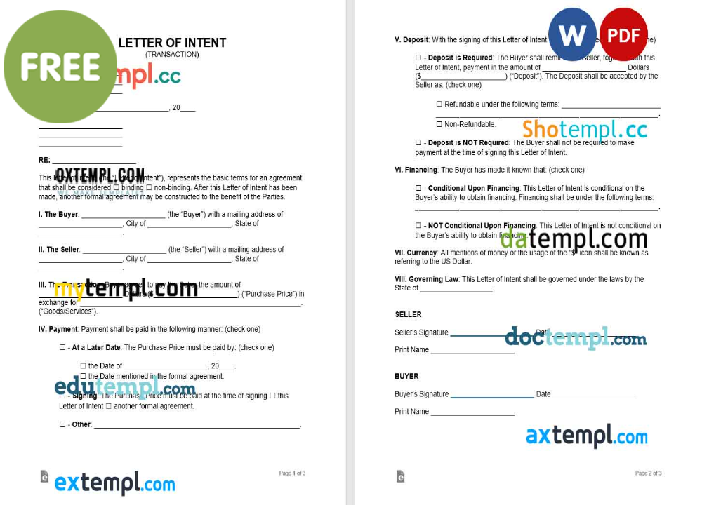 letter of intent template, Word and PDF format