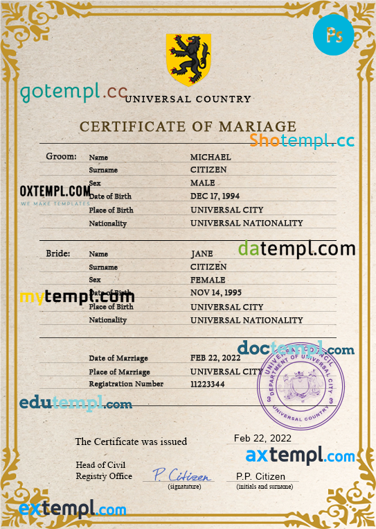# license universal marriage certificate PSD template, fully editable