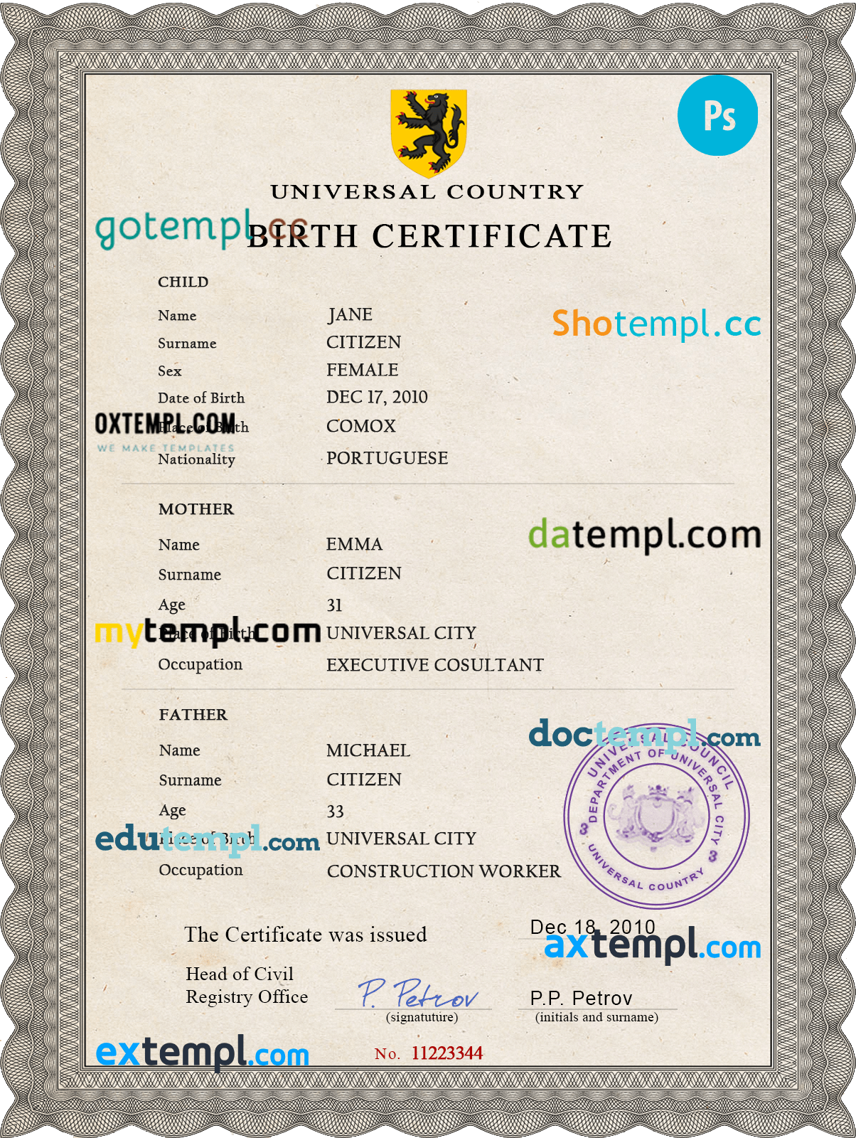 # limitless split universal birth certificate PSD template, fully editable