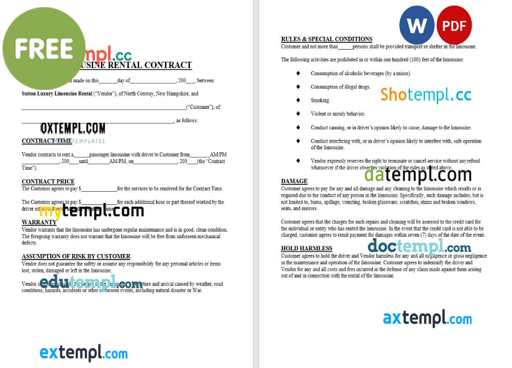 limousine rental contract template, Word and PDF format