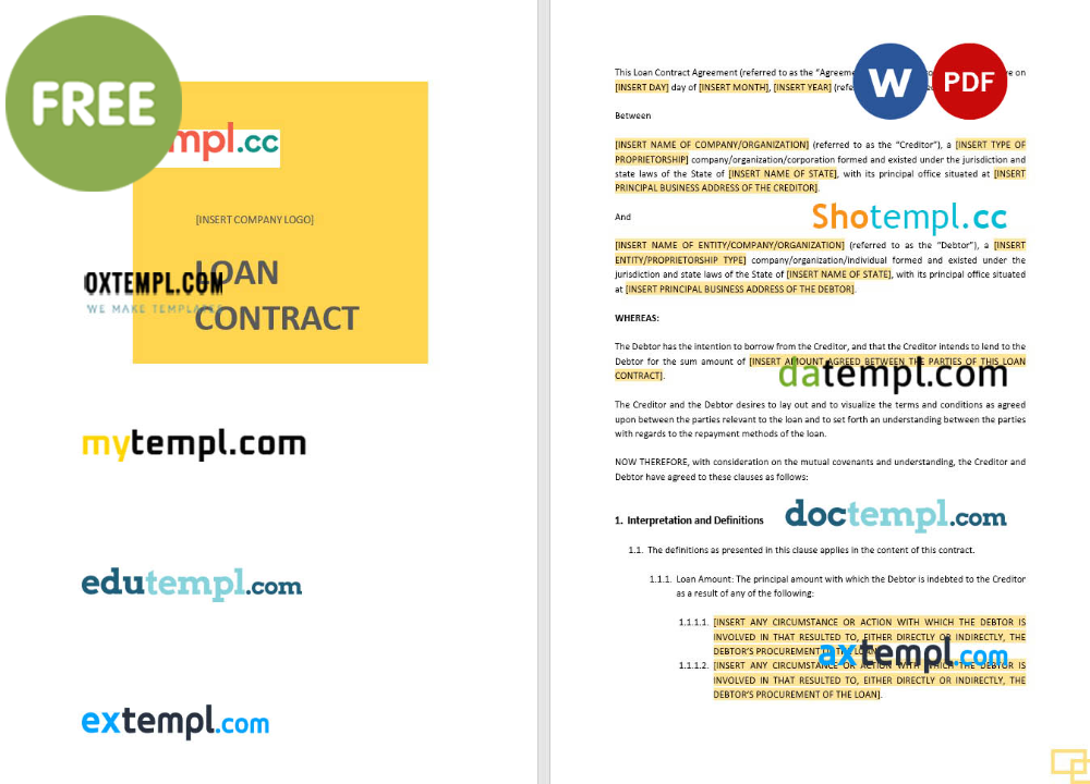 loan contract template, Word and PDF format