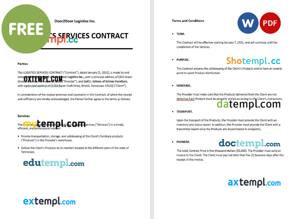 logistics services contract template, Word and PDF format
