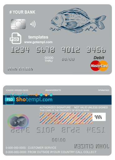 # lucky fish universal multipurpose bank mastercard debit credit card template in PSD format, fully editable