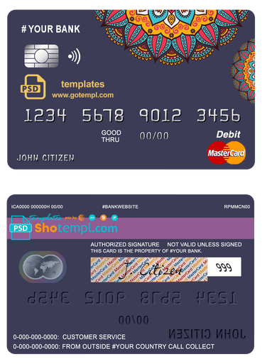 # mandala jasmine universal multipurpose bank mastercard debit credit card template in PSD format, fully editable