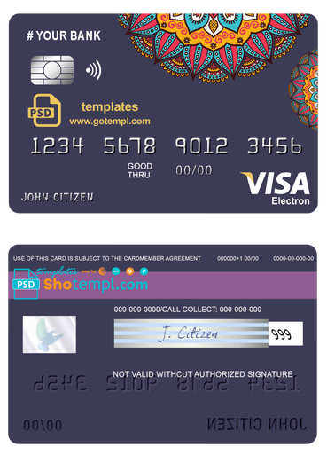 # mandala jasmine universal multipurpose bank visa electron credit card template in PSD format, fully editable
