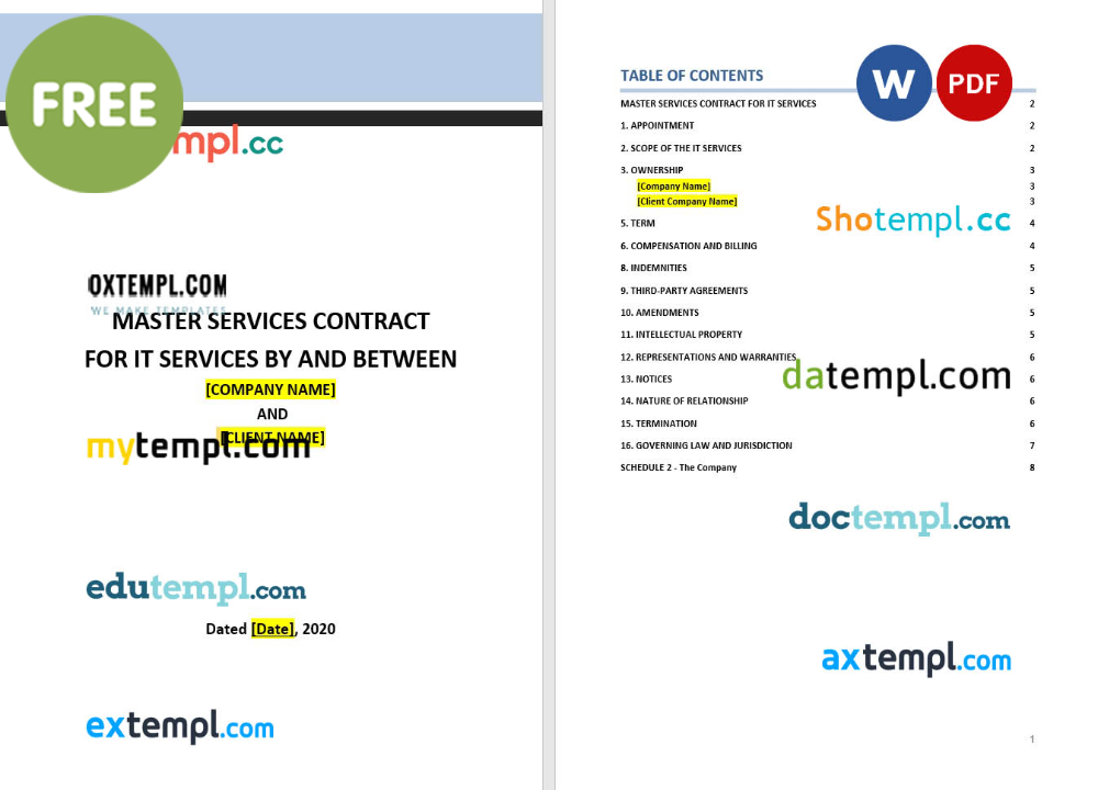 master services contract for IT services template, Word and PDF format