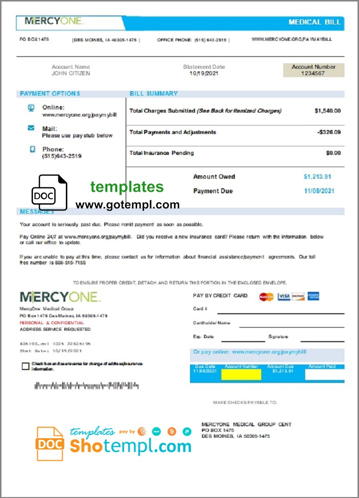 USA Iowa MercyOne medical bill template in Word and PDF format