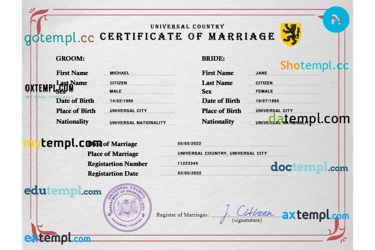 # micro universal marriage certificate PSD template, fully editable