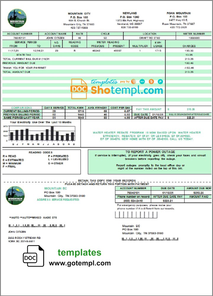 USA Tennessee Mountain Electric Cooperative, Inc. (MEC) utility bill template in Word and PDF format
