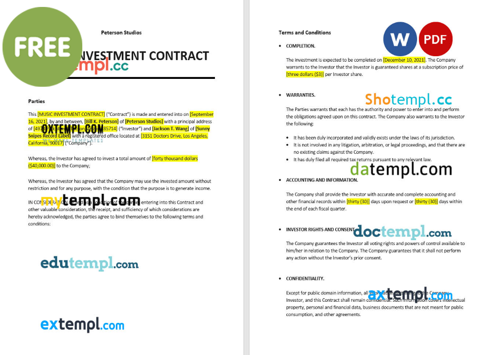 music investment contract template, Word and PDF format