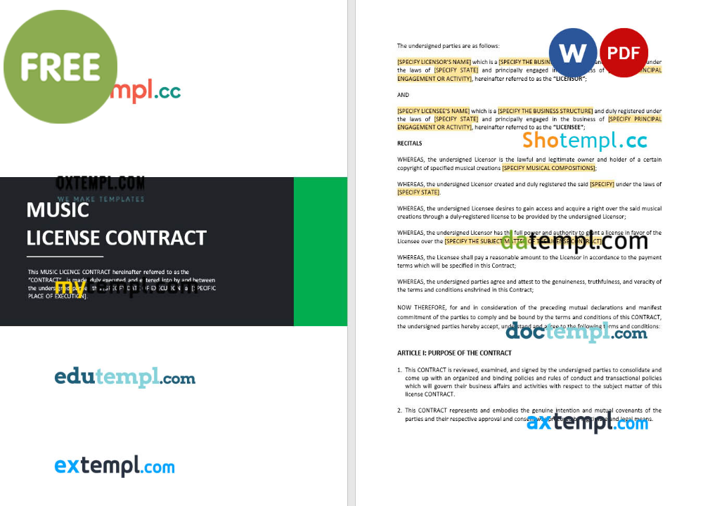 music license contract template, Word and PDF format