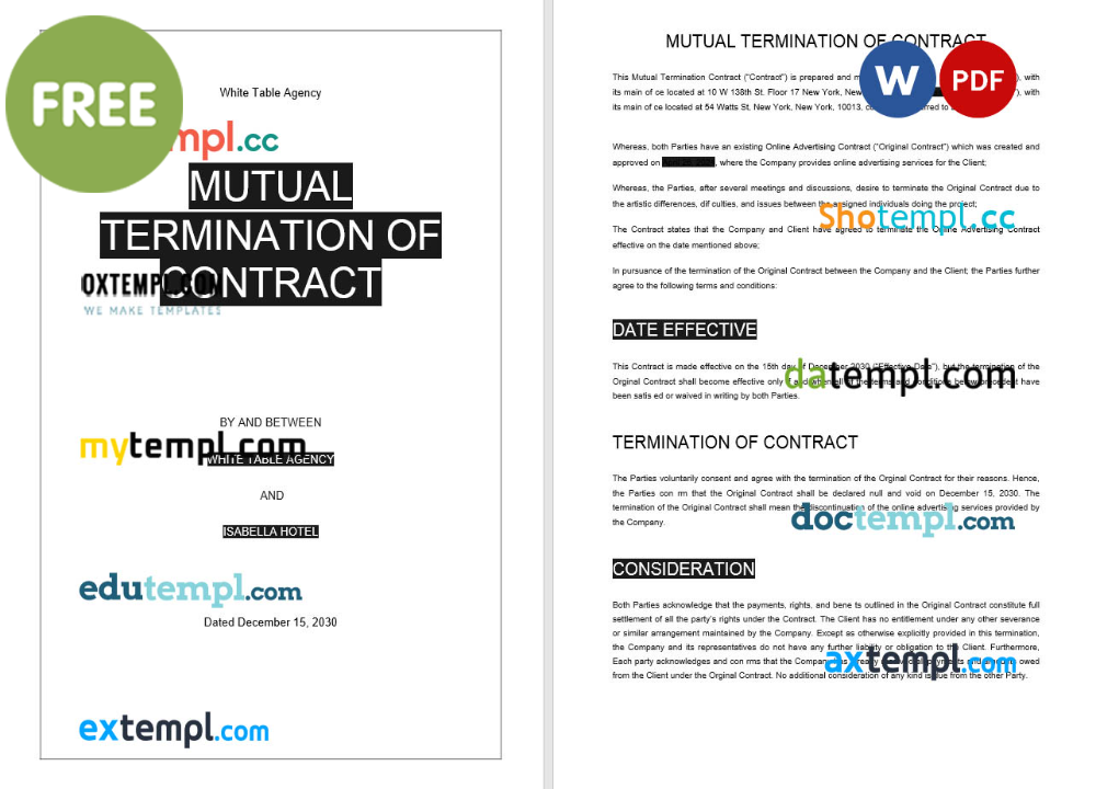 mutual termination of contract template, Word and PDF format