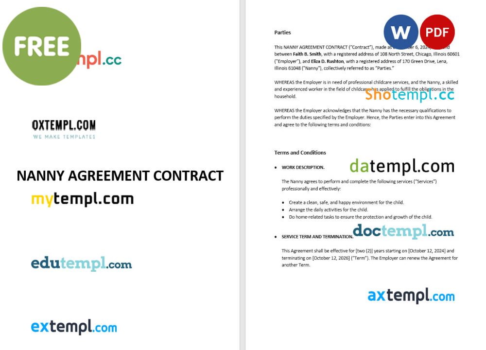 nanny agreement contract template, Word and PDF format