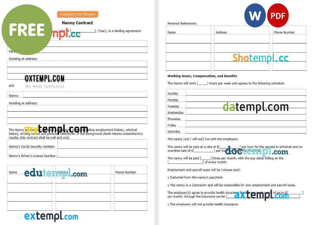 nanny contract template, Word and PDF format, version 2