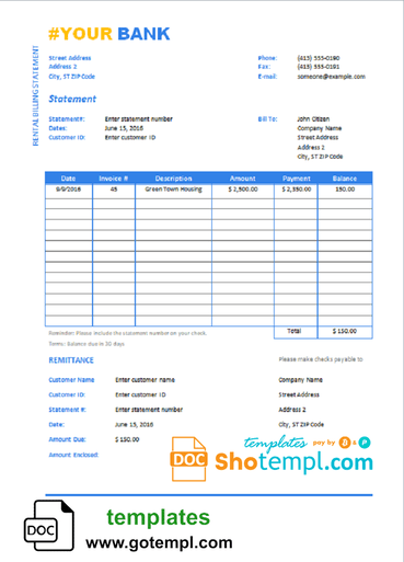 # universal bank statement template in Word format