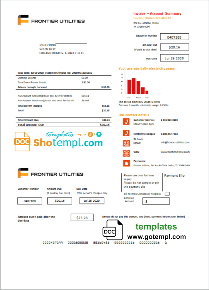 USA Texas Frontier Utilities utility bill template in Word and PDF format