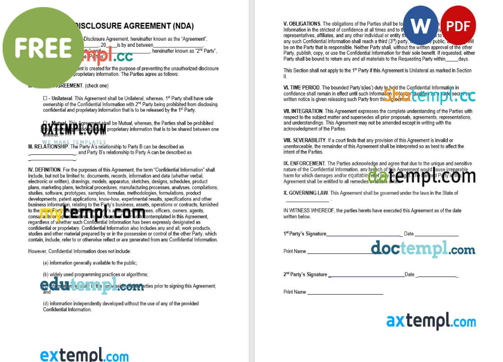 non disclosure agreement template, Word and PDF format