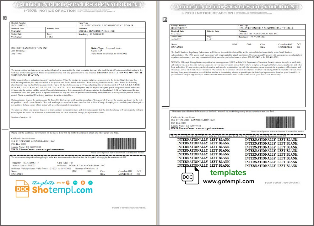 USA Form I-797B, Notice of Action template in Word and PDF format (2 pages)