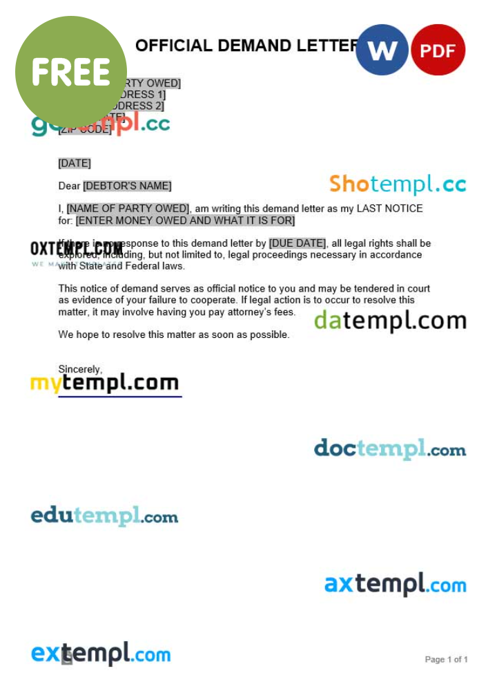offical demand letter template, Word and PDF format
