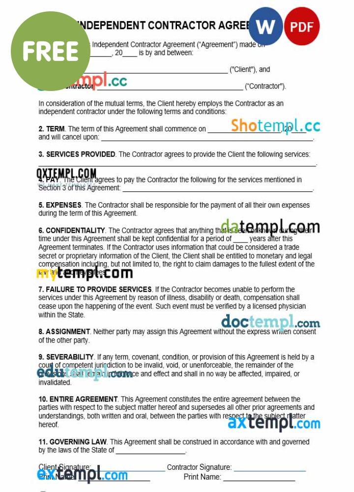 one page independent contractor agreement template, Word and PDF format